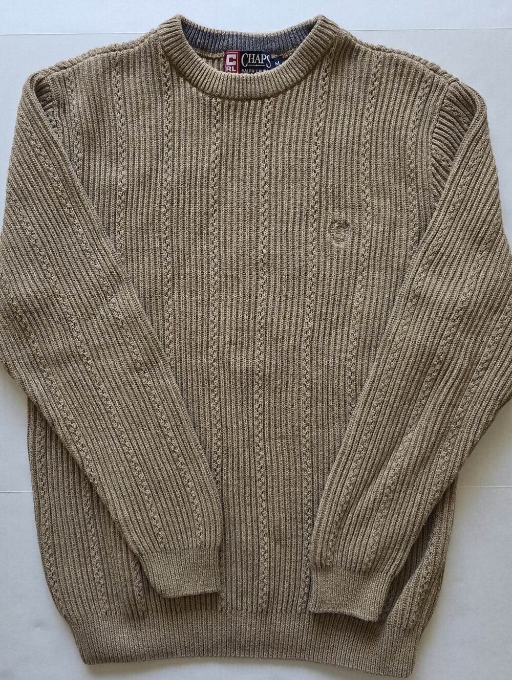 Vtg Chaps Ralph Lauren Sweater Mens M Tan Cotton Rib Knit Crest Preppy Old Money